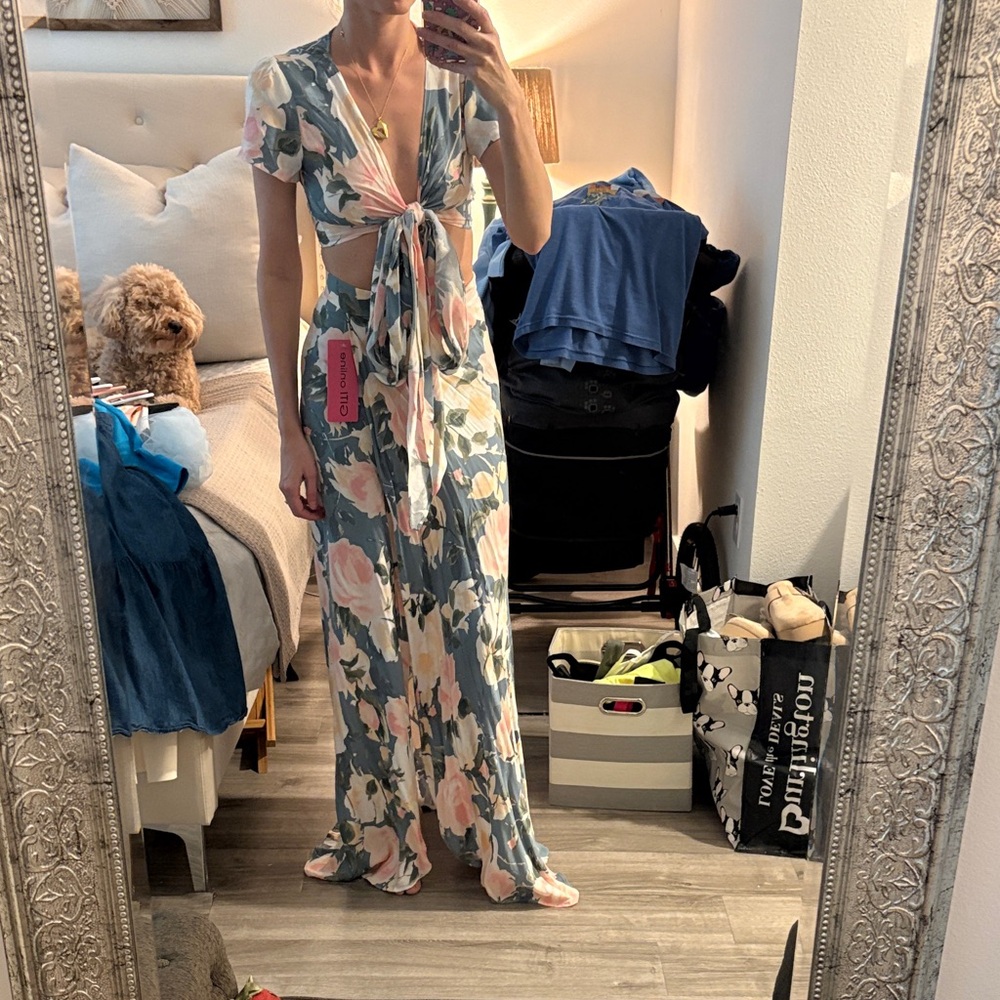 Olivaceous Blue and Pink Floral Maxi Dress